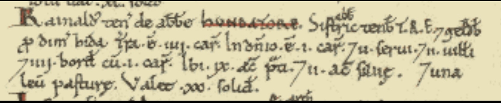A small image of the original doomsday book for a entry relating to Manaton 