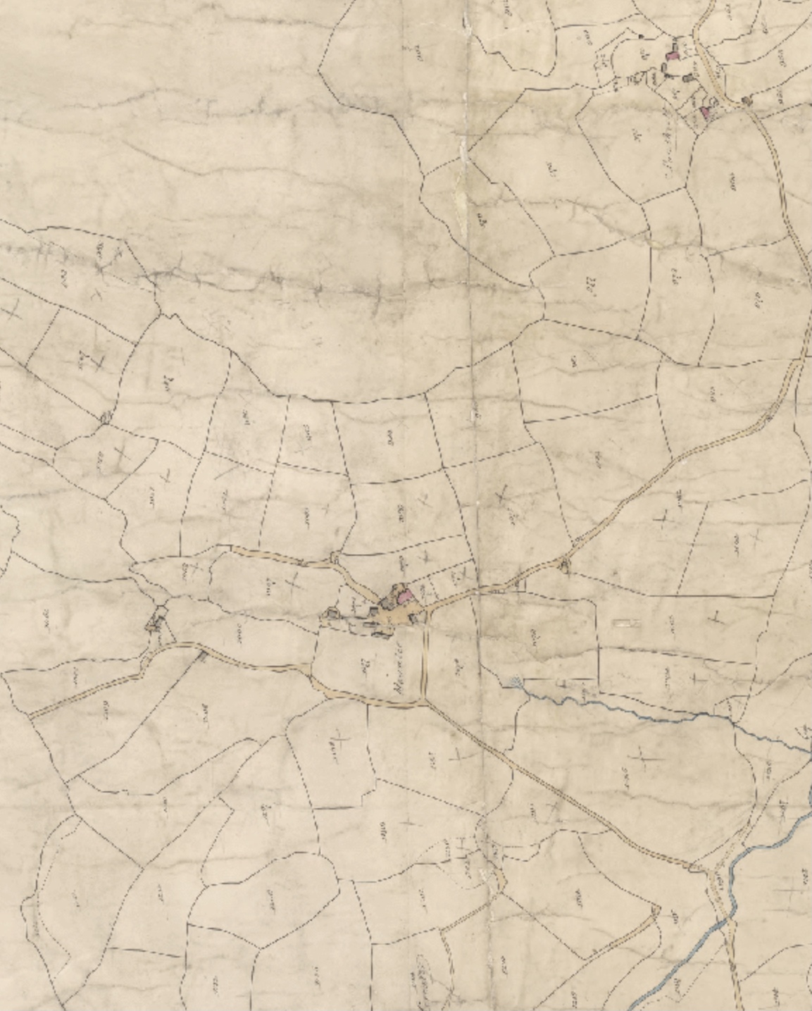A image of a old tithe map showing the fields and buildings of part of Manaton 